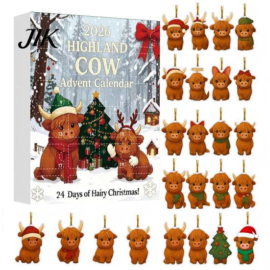 Christmas Tree Decorations Highland Cow Advent Calendar with 24 Acrylic Ornaments, Festive Countdown Party Supplies Box for Holiday Hanging Decor And