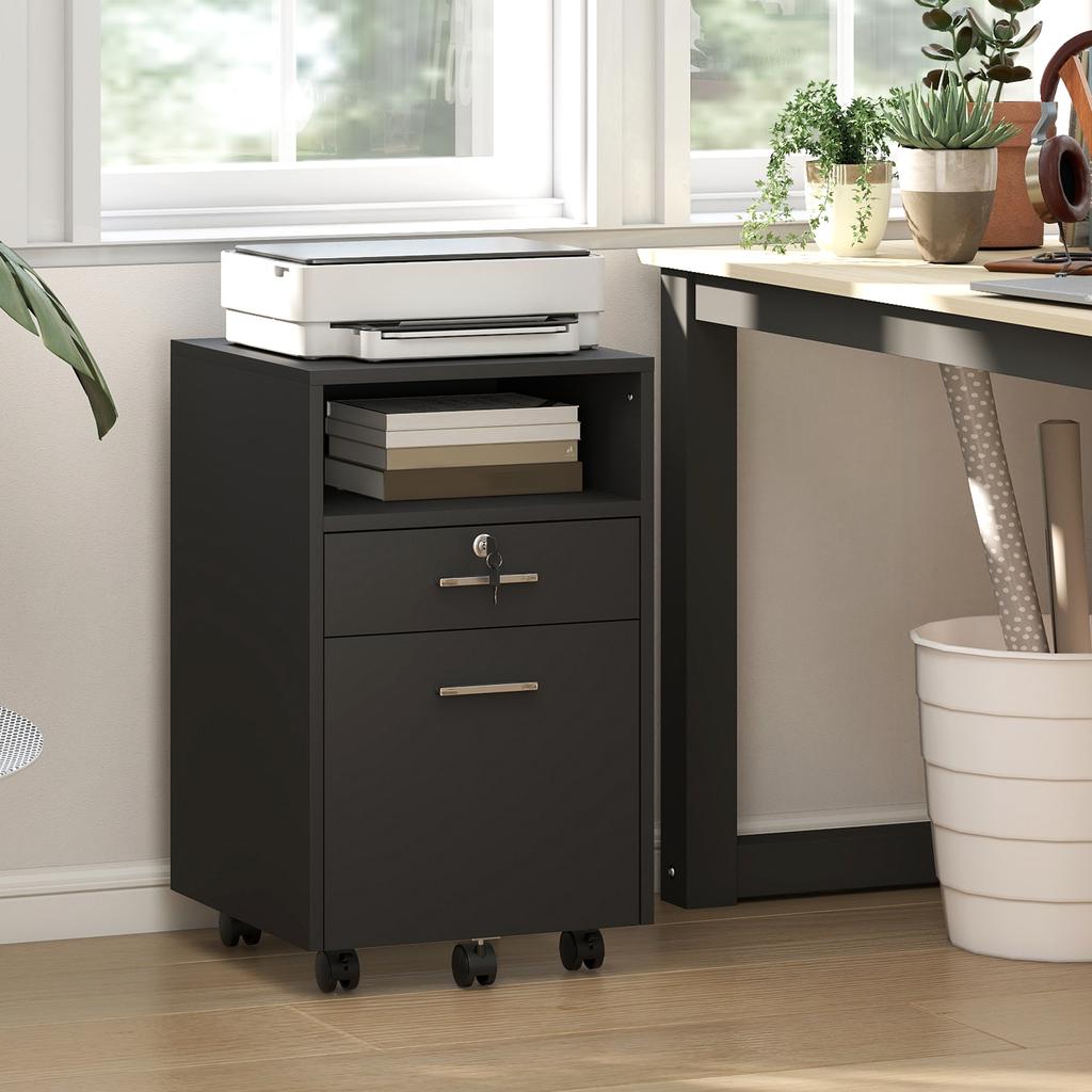 Lockable Two-Drawer Filing Cabinet, with Wheels - Black