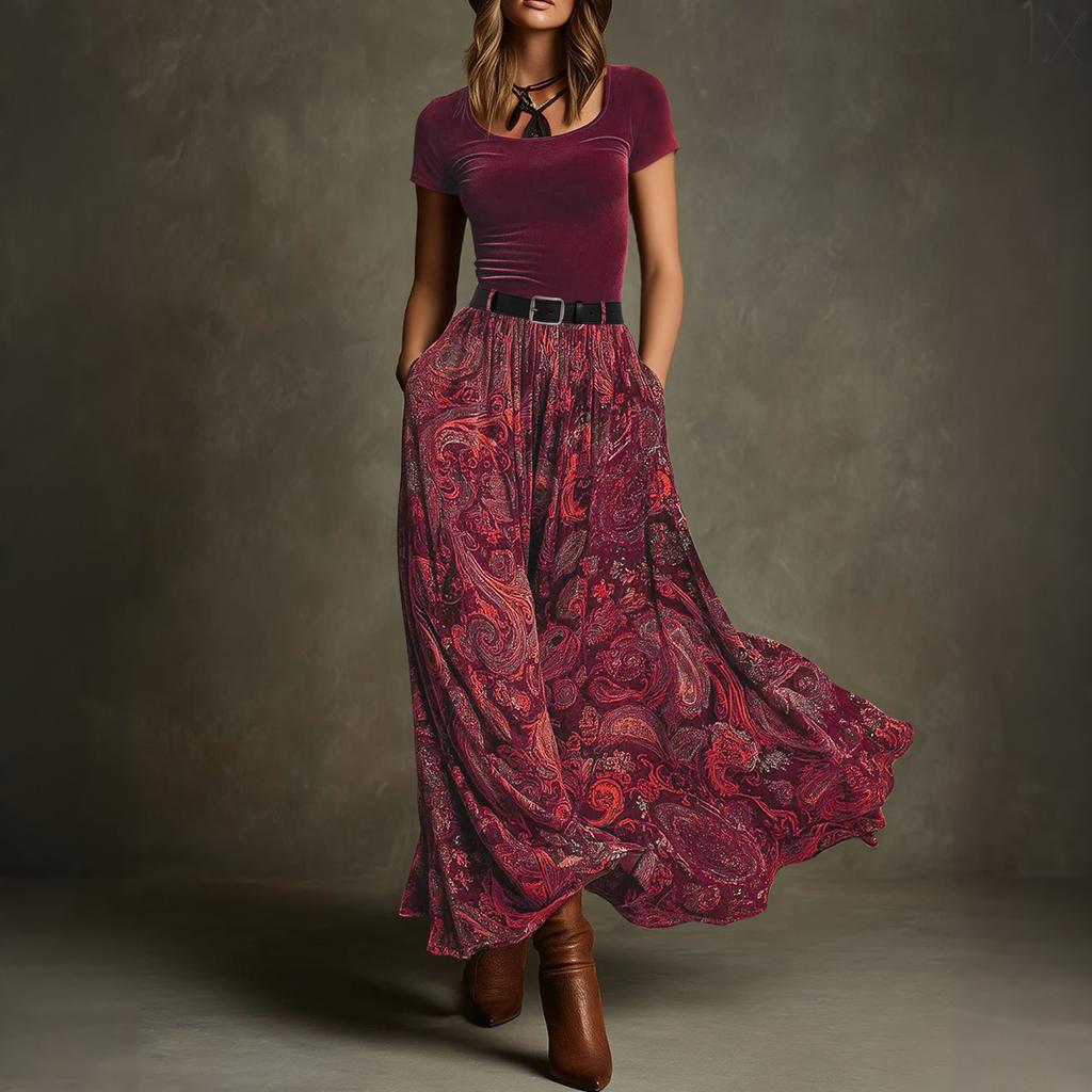 Women Vintage Velvet Patchwork Elegant Style Belted Waist Flared Long Dress Maxi Dress with Belt Casual Boho Style