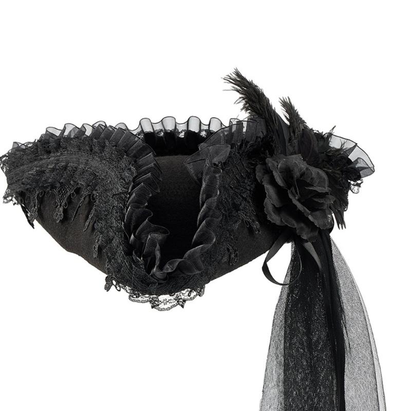 18th Century Pirate Captain Tricorn Hat With Adjustable Lace And Long Veil For Colonial Costume Halloween RolePlay Game