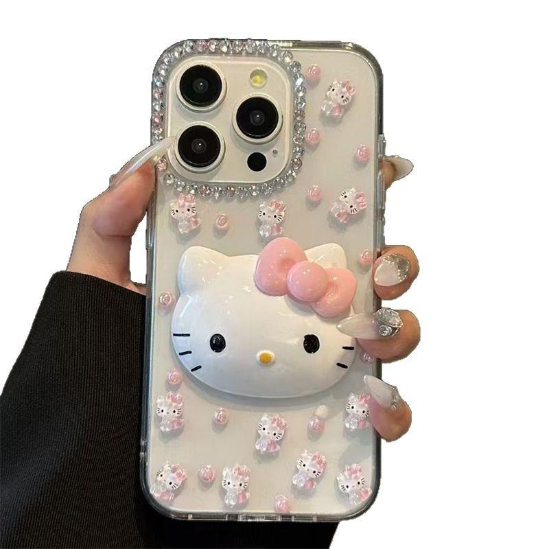Rhinestone Pink Beads Kt Cat Mobile Phone Case for Iphone15Promax Transparent Iphone16 Acrylic 14