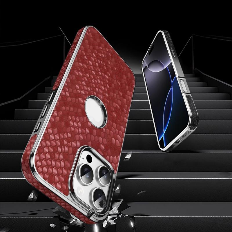 Genuine Leather Case For iphone 16 15 14 Pro Max Dragon Scales Pattern Magsafe Wireless Charging Electroplating Silver Cover