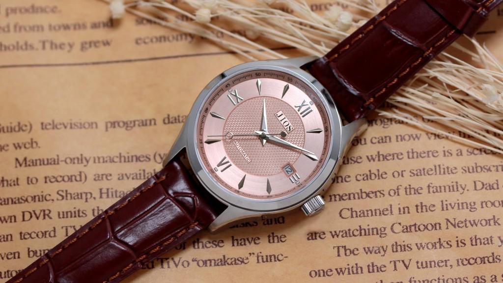 JIOS Automatic Made in with Genuine Leather Strap and Sapphire Crystal Salmon with Brown Crocodile Embossed Men's Watch, Japan, (Biwamasu Strap)