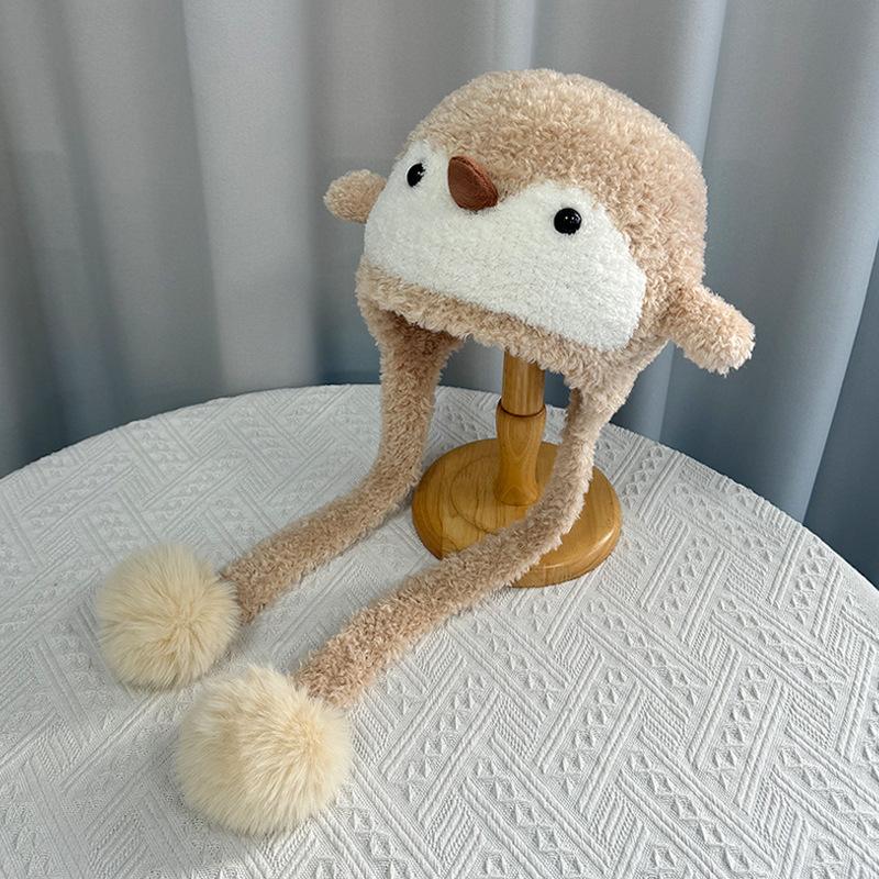 Winter cartoon penguin hat women's outdoor warm ear protection knitted wool hat versatile face small pullover hat