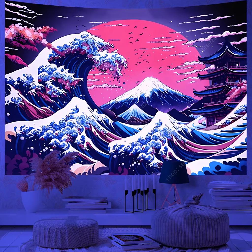 Japanese Great Waves UV Reactive Tapestry Mount Fuji Wall Hanging Cloth Aesthetic Room Home Decor Background Flag Wall Art Decor