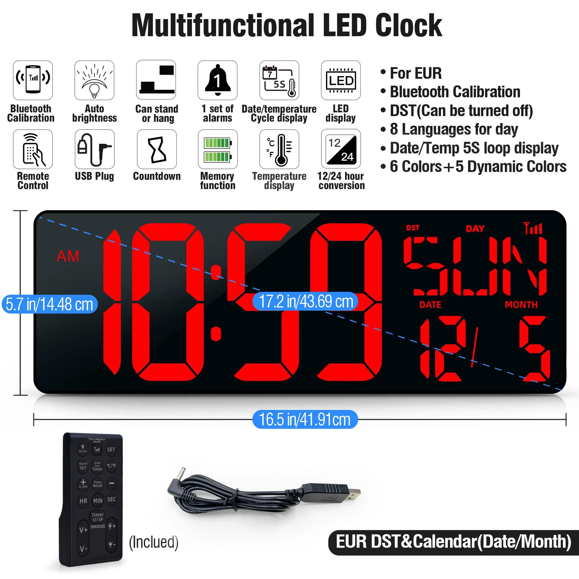 

Большие настенные часы 12/24 ч. Регулируемая температура и влажность Яркость недельного дисплея Электронный светодиодный настольный будильник Цифровой