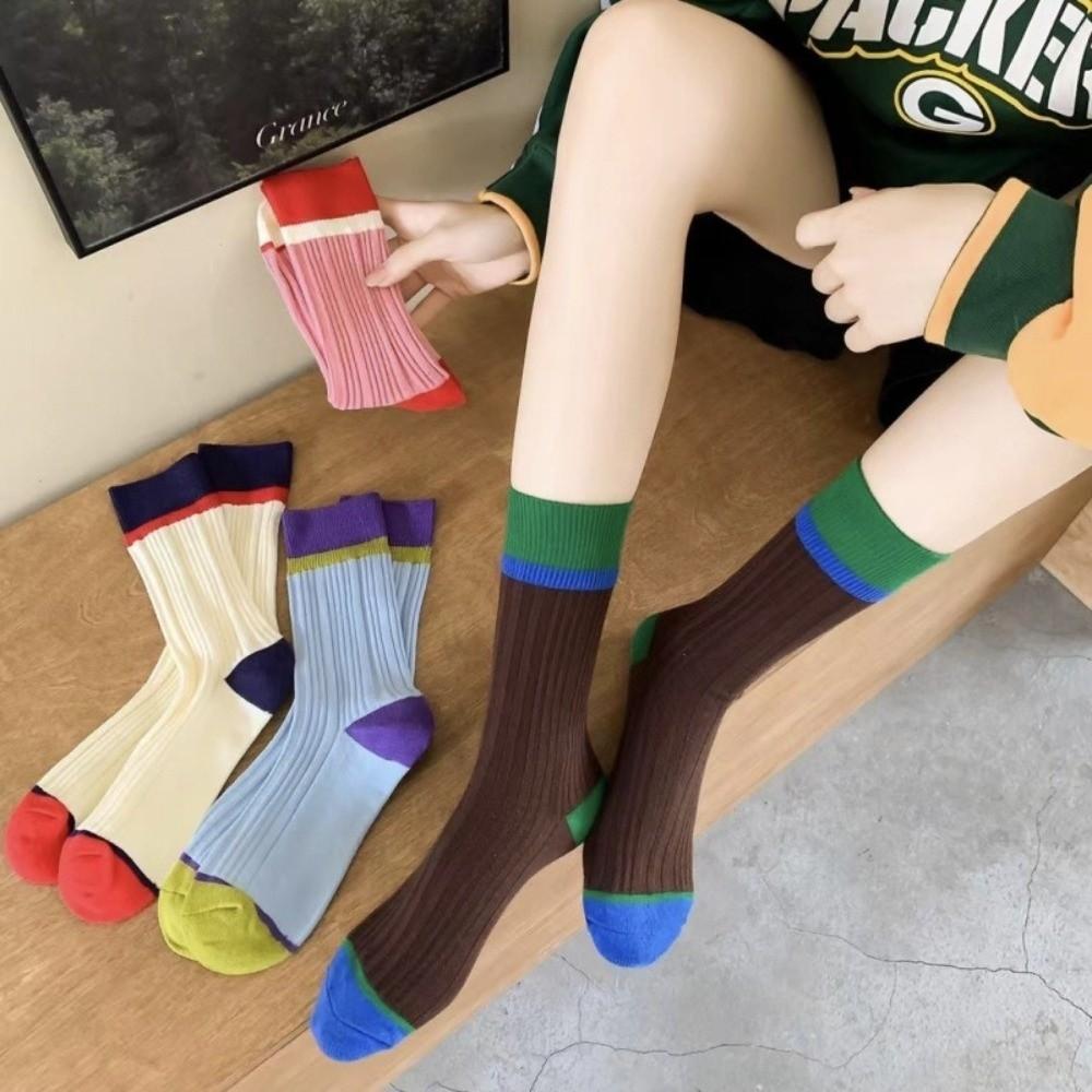 A Pair Soft Mid Tube Socks Stripes Long Socks Durable Womens Crew Socks  for Women