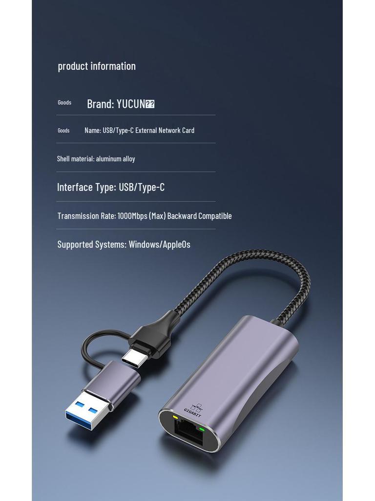 Type-C USB to Gigabit Ethernet Adapter for Laptops, Tablets, and Phones