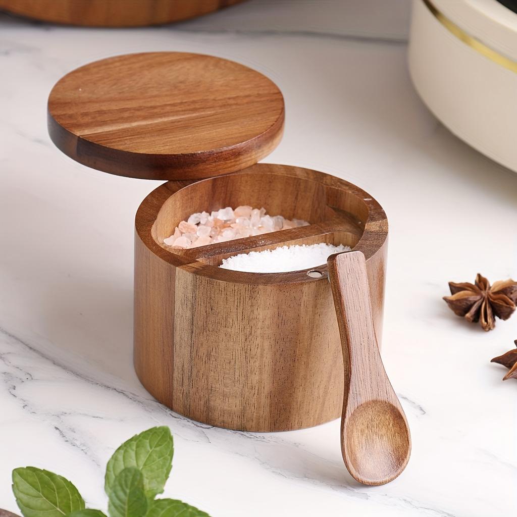 Acacia Wood Salt Jar with Spoon Solid Wood Seasoning Box Pepper Box Kitchen Seasoning Bottle Salt Box Storage Seasoning Jar