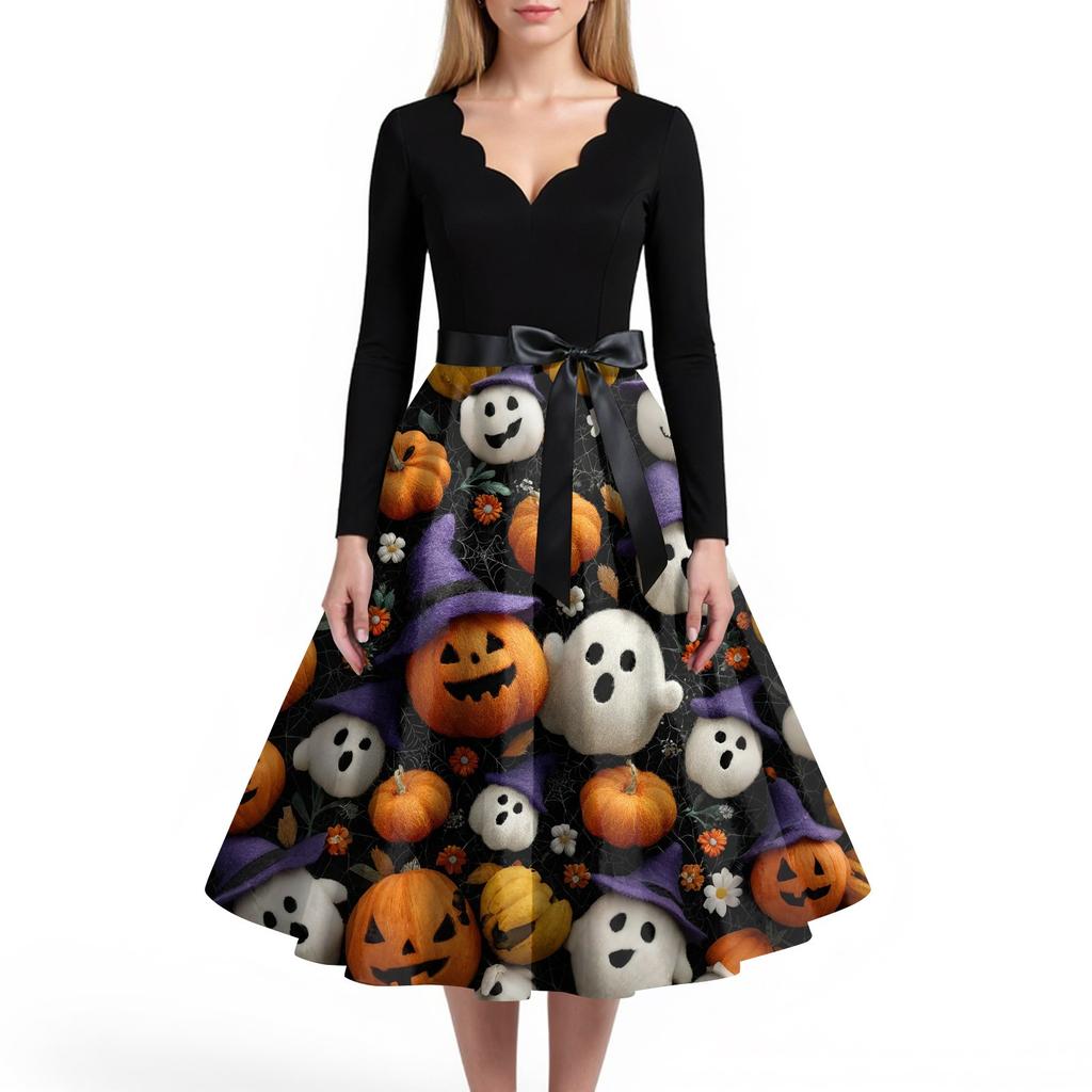 Women's Casual And Fashionable V-neck Long-sleeved Halloween Printed Dress