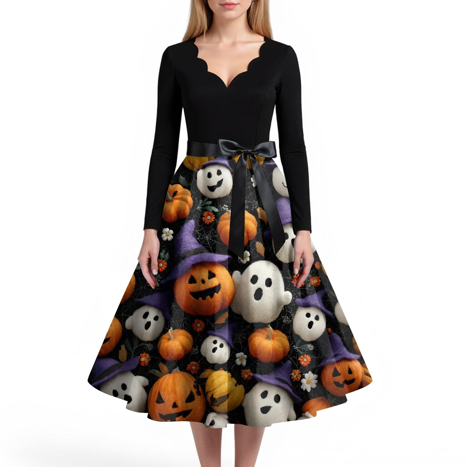 

Женское повседневное и модное платье с V-образным вырезом и длинными рукавами с принтом на Хэллоуин XL шафрановый