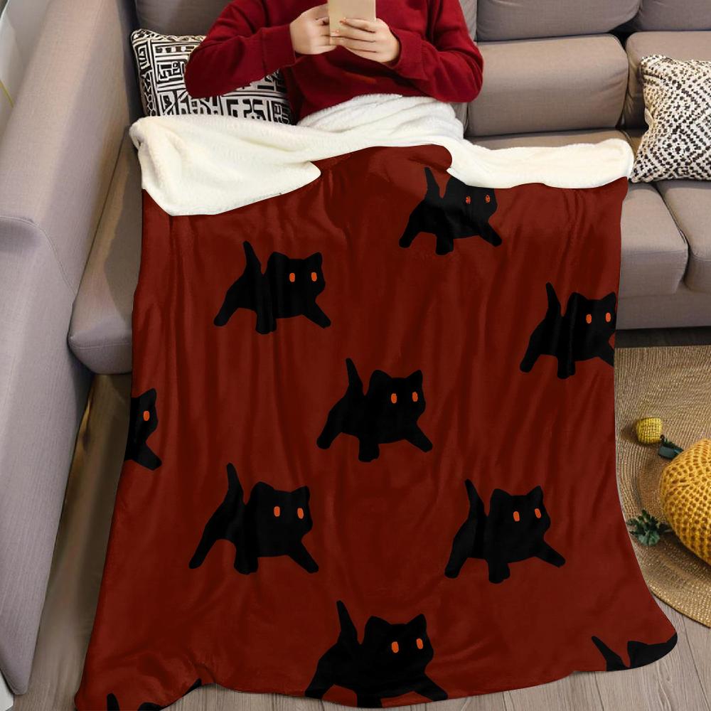 Crimson Black Cats Flannel Blanket Warm Soft Halloween Christmas Couch Warm Cozy Decorative Decor Gift for All Season