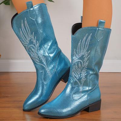 Cowboylaarzen voor dames Antislip Mid Calf Cowgirllaarzen Geborduurde Western Puntige Neus Chunky Blokhak Laarzen Dames Brede Kuit Pull On Laarzen