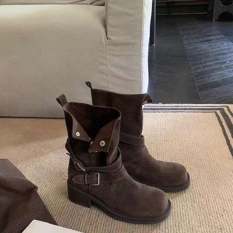

2025 осень новый стиль пустоши ретро круглый носок толстый каблук лацкан труба полированные рыцарские ботинки кожаные вестерн короткие ботинки женские ботинки 40 коричневый