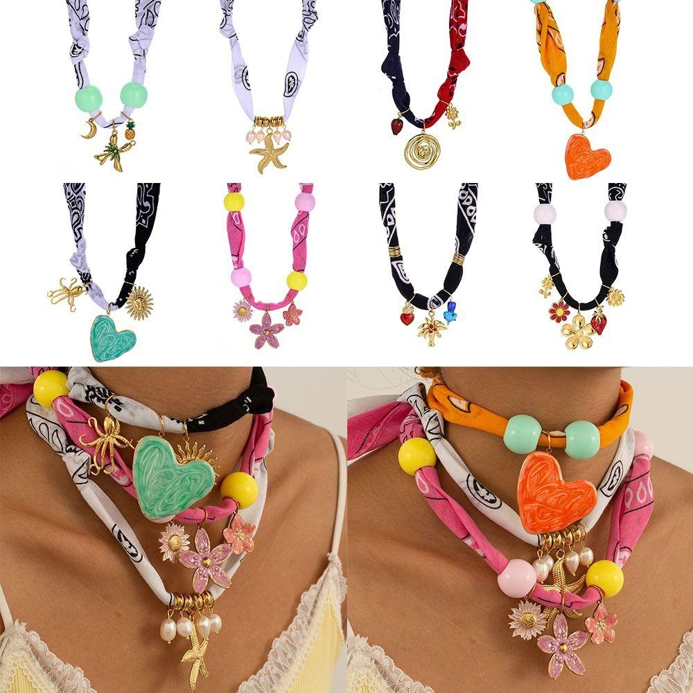 Vintage Cloth Wrap Scarf Necklace Stainless Steel Charm Pendant  Beach Jewelry