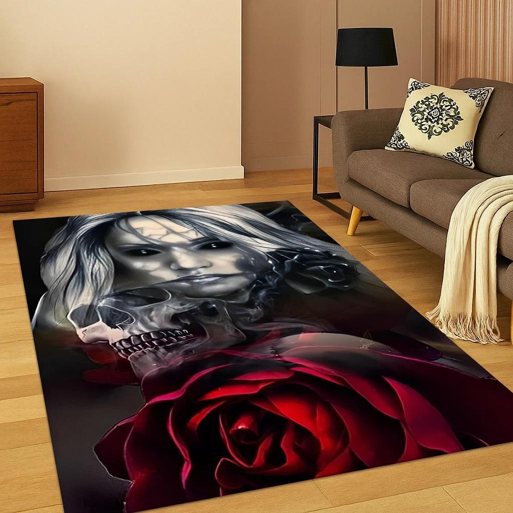 Gothic Skull Face Girl Horror Skull Carpet Rug for Bedroom Living Room Sofa Doormat Home Decor Carpets for Living Room Bedroom