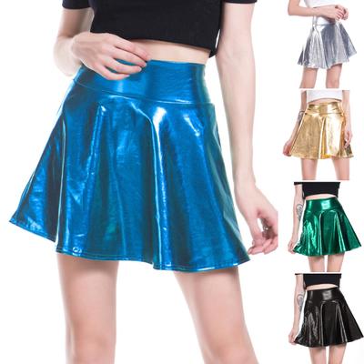 Women Mini Skirt High Waist Glossy Surface A-Line Hem Short Skirt Shiny Stage Show Skater Skirt