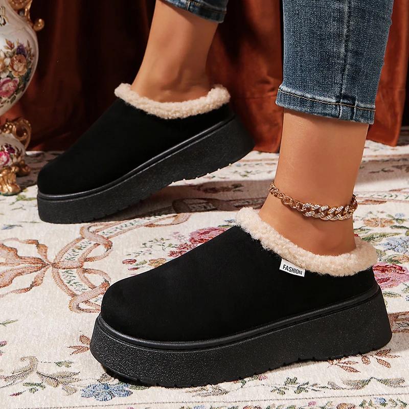 Fashion 2025 New Faux Suede Fur Slippers Women Winter Slip On Non Slip Thick Sole Snow Boots Woman Warm Thicken Plush Cotton Shoes 36-41