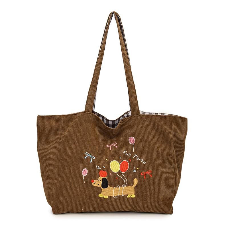 Casual Cute Embroidered Puppy Shoulder Bag Large Capacity Tote Bag Autumn and Winter New Corduroy Plaid Dual-purpose Bag Women
