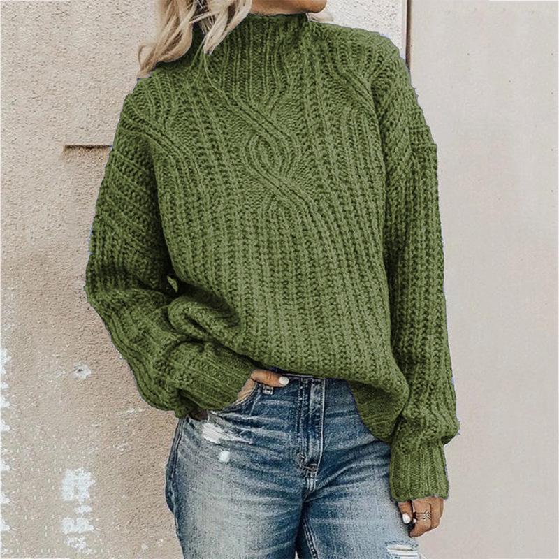 European & American Women's High Neck Cable Knit Sweater Pullover