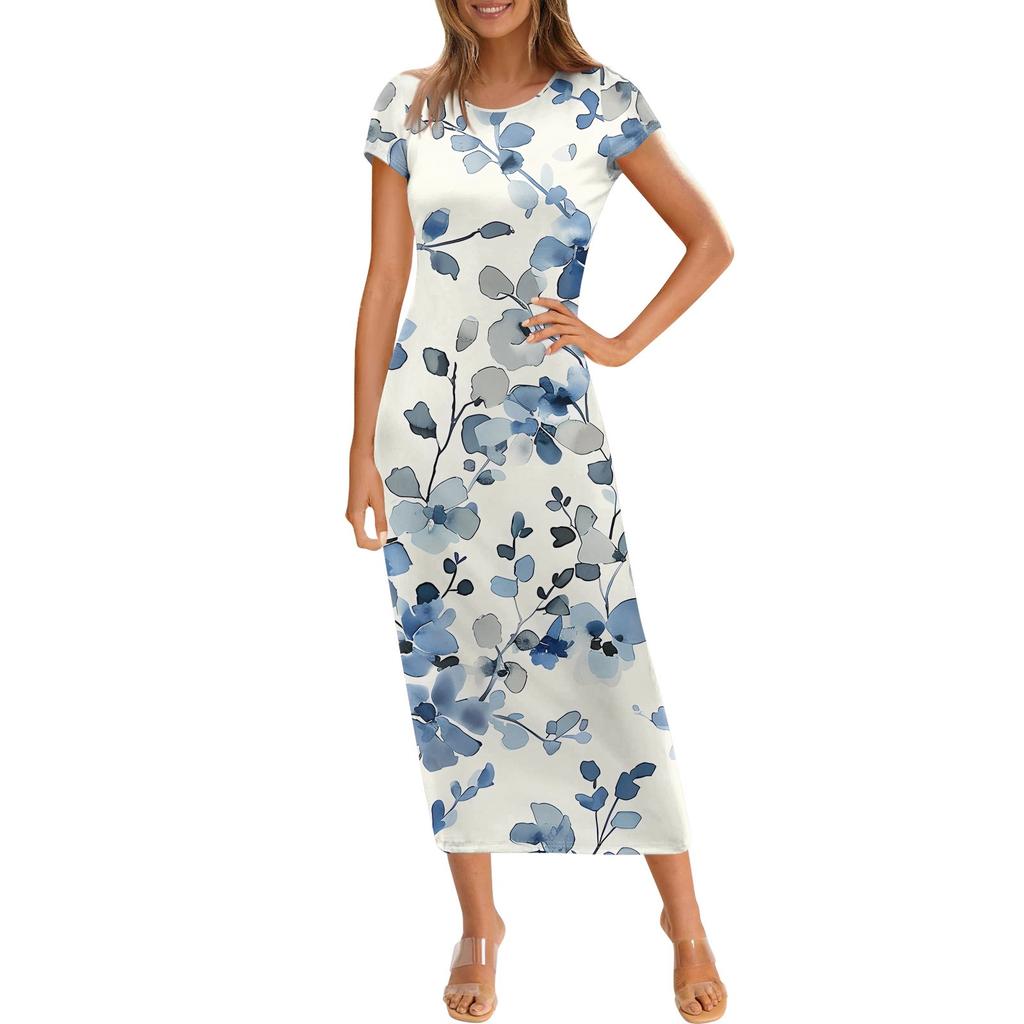 Damenmode Lässiger Druck Rundhals Kurzarm Langes Kleid