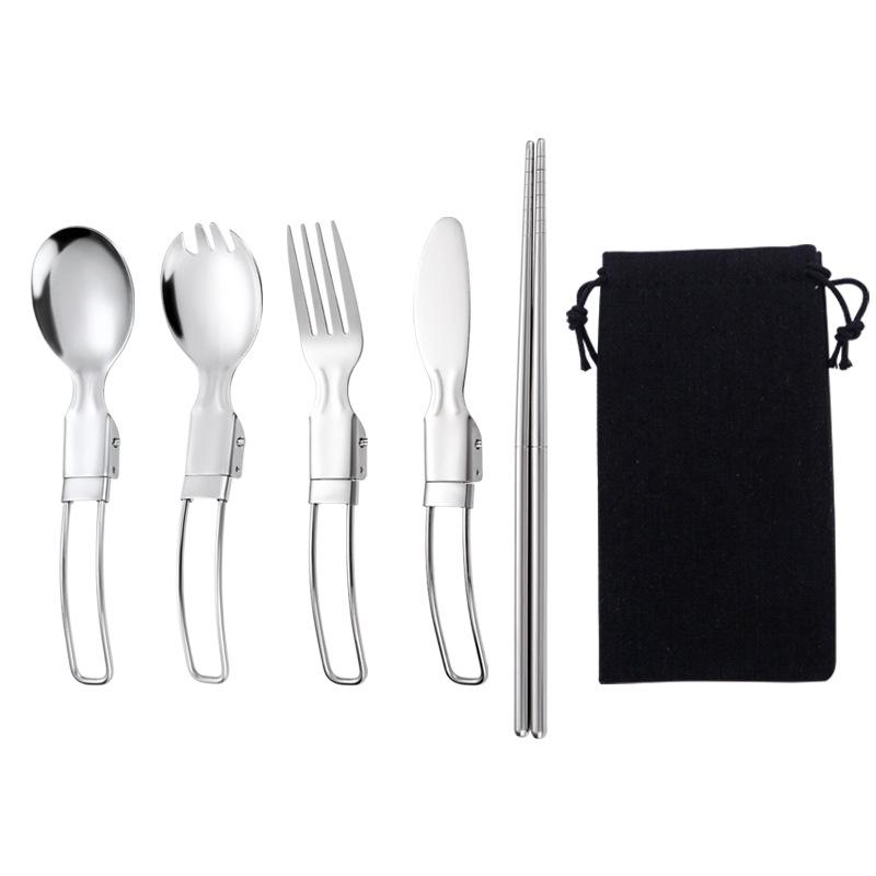 5Pcs 304 Stainless Steel Folding Cutlery Set Portable Reusable Metal Knife Fork Spoon Camping Tableware for Outdoor Picnic