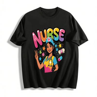Fun Rainbow Style Nurse Themed Graphic Casual T-Shirt Pure Cotton T-shirt