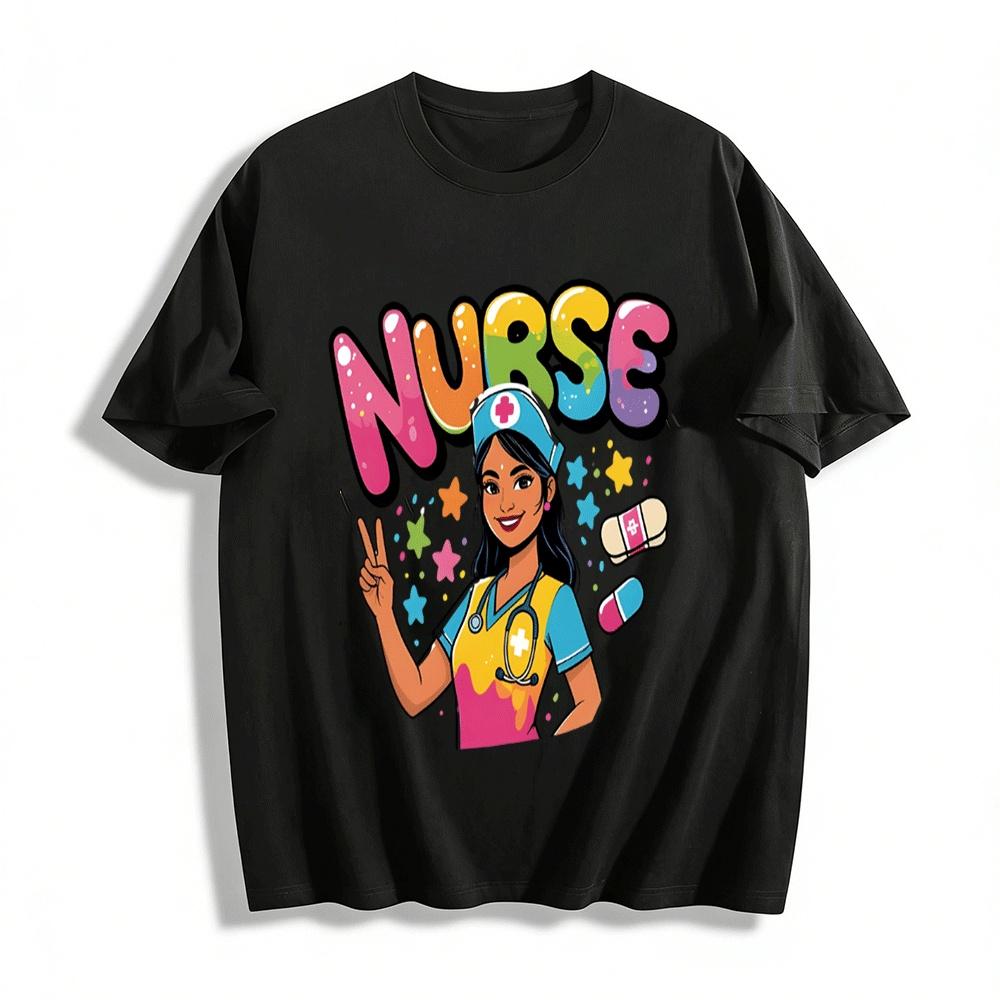 Fun Rainbow Style Nurse Themed Graphic Casual T-Shirt Pure cotton T-shirt XXS