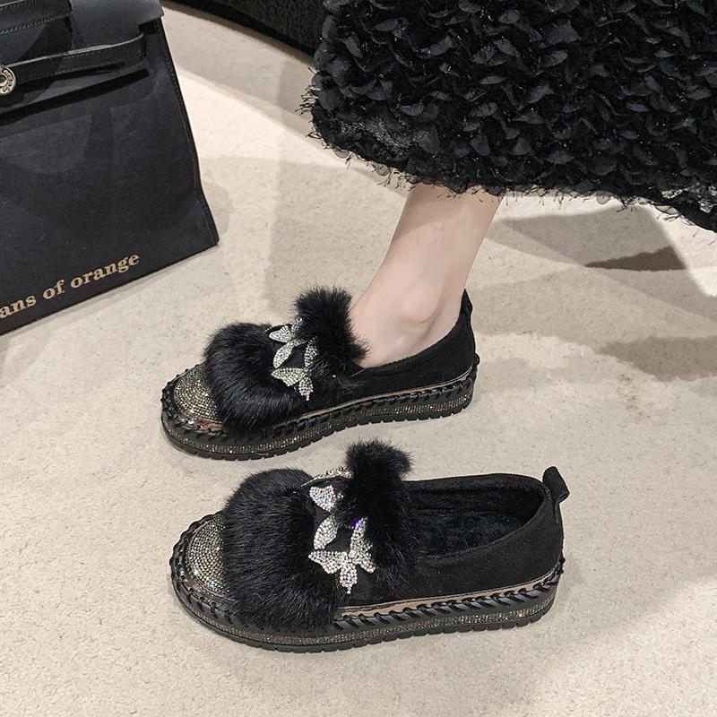 Fleece Warm Butterfly Rhinestone Casual Shoes Autumn and Winter New Thick-soled Women's One-pedal Lazy Shoes Women