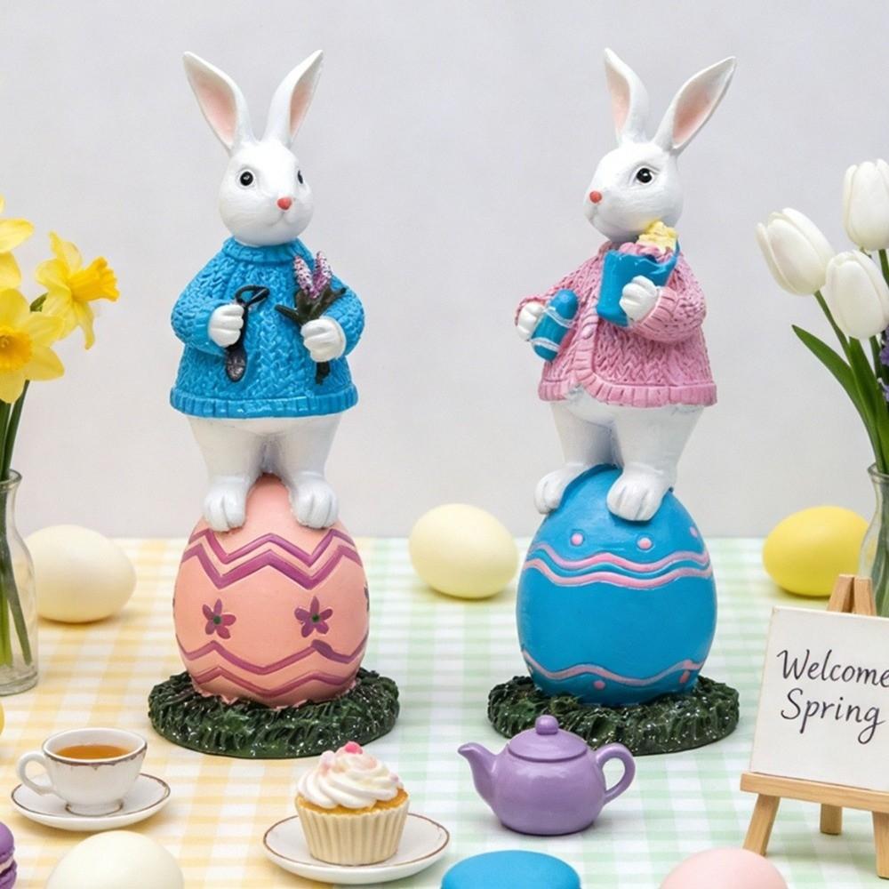 Cartoon Easter Bunny Figurine Handmade Standing Bunny Egg Statue Lovely Sculpture Resin Rabbit Sculpture Easter Party