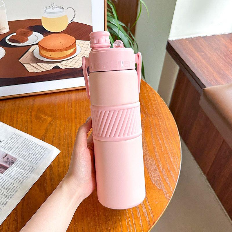 Simple Large-Capacity Thermos Cup for Students, Portable with Handle, Dual Drinking Cup, High-Looking, Unisex Fitness Straw Water Bottle