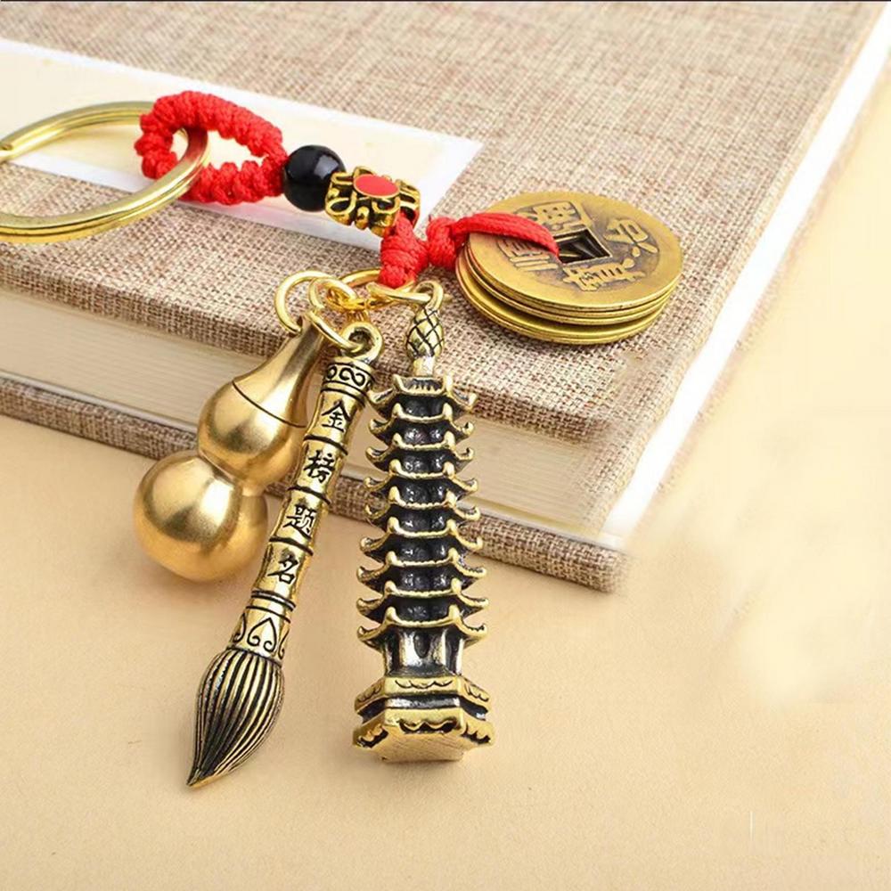 Vintage Lucky Finely Crafted Pure Copper Gourd With Five Emperors CoinsKeychain Charm Feng Shui Keyring Wealth-Attracting Decor