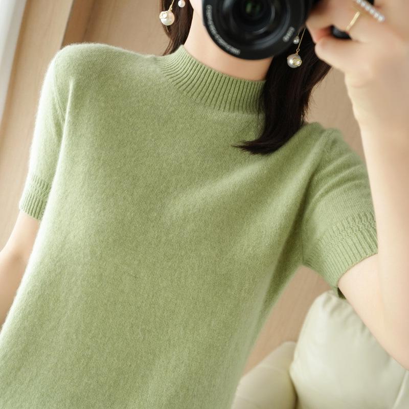Elegante Suéter de Punto de Manga Corta con Cuello Medio Alto - Estilo Socialité Primavera y Otoño, Capa Base de Corte Holgado