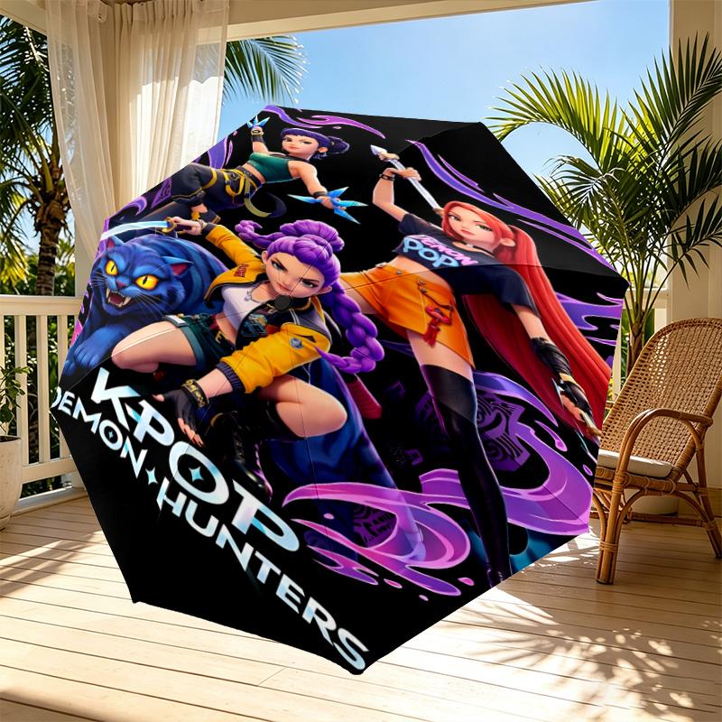 KPop Demon Hunters Print Automatic Open Close Umbrella, Portable Foldable Umbrella, for Outdoor Commute Camping Trip, Ideal Birthday Gift