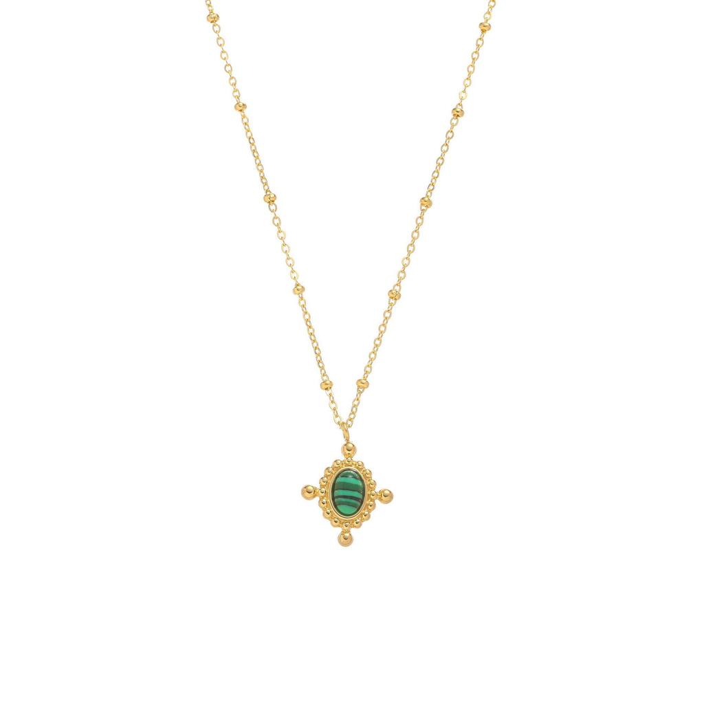 Emerald-Accented Titanium Steel Necklace - Elegant French Leaf Design