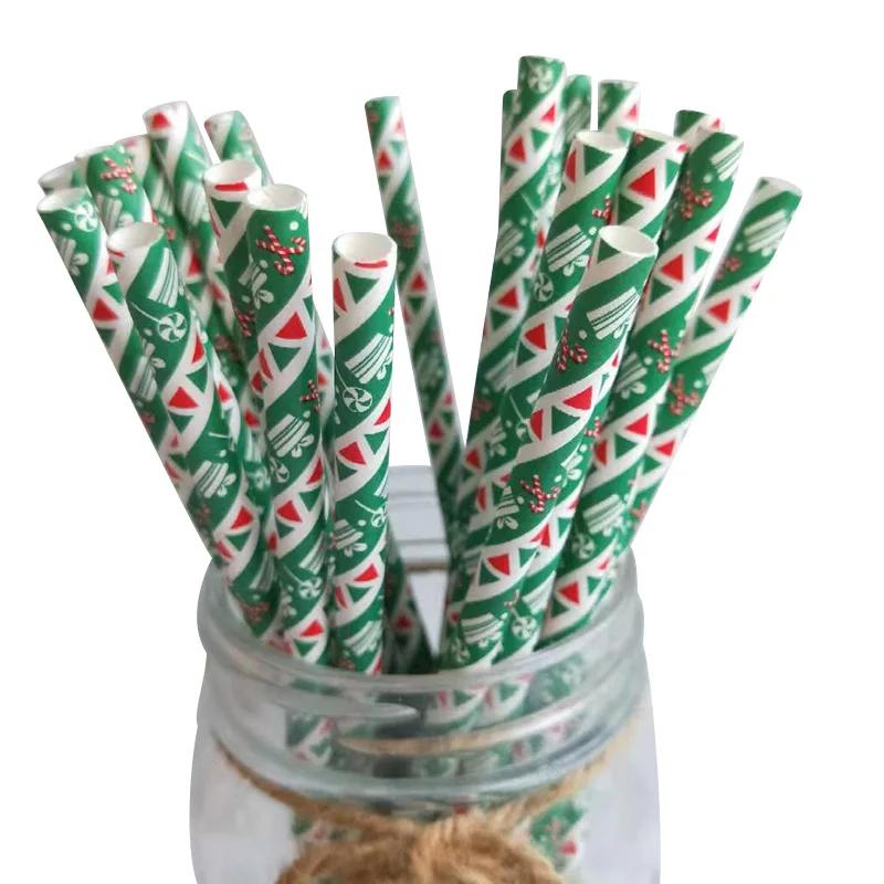 25-100Pcs Christmas Kraft Paper Straw Colorful Print Disposable Paper Drinking Straws Xmas New Year Party Home Decor Supplies