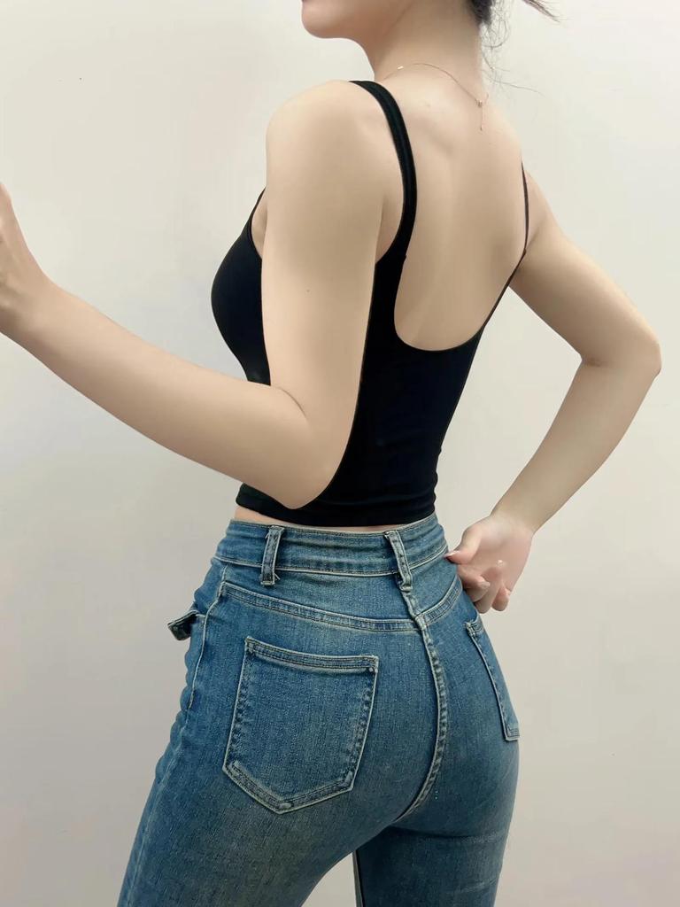 Women's U-Neck Padded Tank Top - Tight-Fit Summer Camisole, Backless, High-Waisted Style