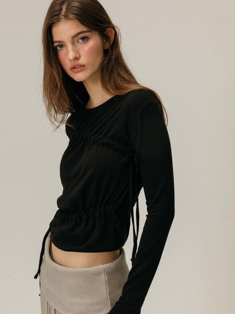 MOIFAIRE Shirring Boat Neck T-Shirt / Black
