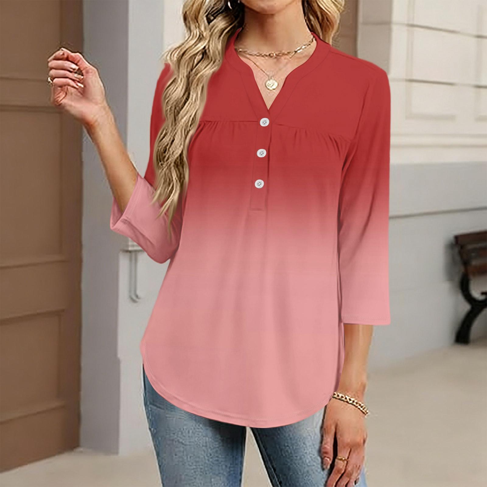 

Women s Fashionable Casual Color Block Gradient Print V-Neck Button Three-Quarter Sleeve T-Shirt Top M винний