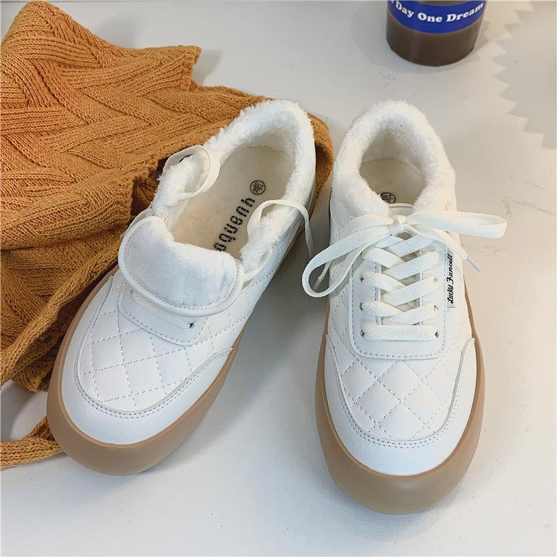 

Зимняя женская вулканизированная обувь, плюшевые теплые парусиновые кроссовки с решеткой, женские дизайнерские брендовые повседневные белые туфли на плоской платформе, скейтборд 40