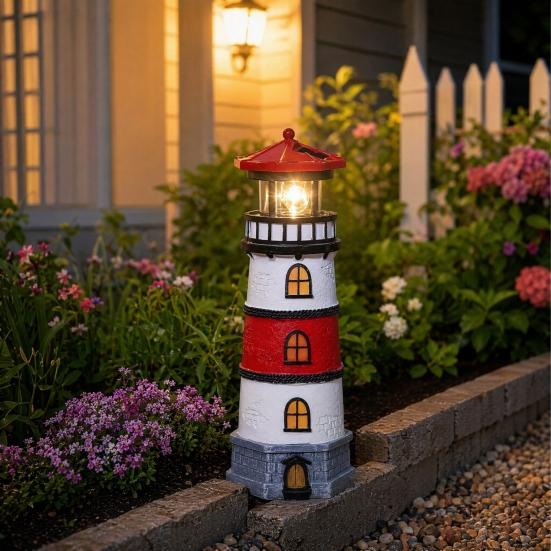 Solar Lighthouse Statue Light, Decorative Solar Garden Light, Waterproof Outdoor Solar Lighthouse Lamp for Patio Lawn Pathway