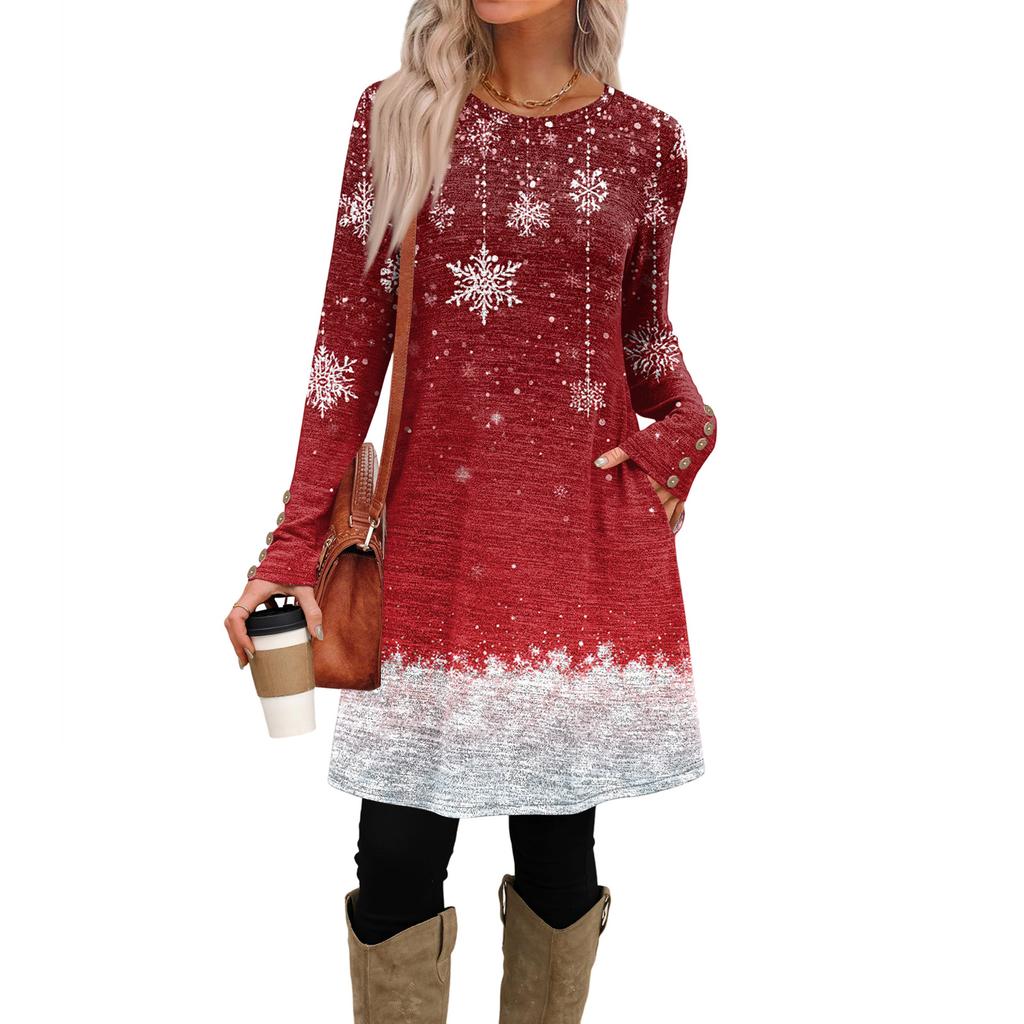 Rochie Casual de Damă la Modă cu Buzunare, Nasturi Decorativi, Imprimeuri de Crăciun, Gât Rotund și Mâneci Lungi