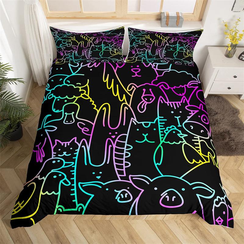 Boho Colorful Cat Duvet Cover Set Cats Star Mushroom Bedding Set Microfiber 3D Kawaii Animals Comforter Cover Twin For Kids Boys