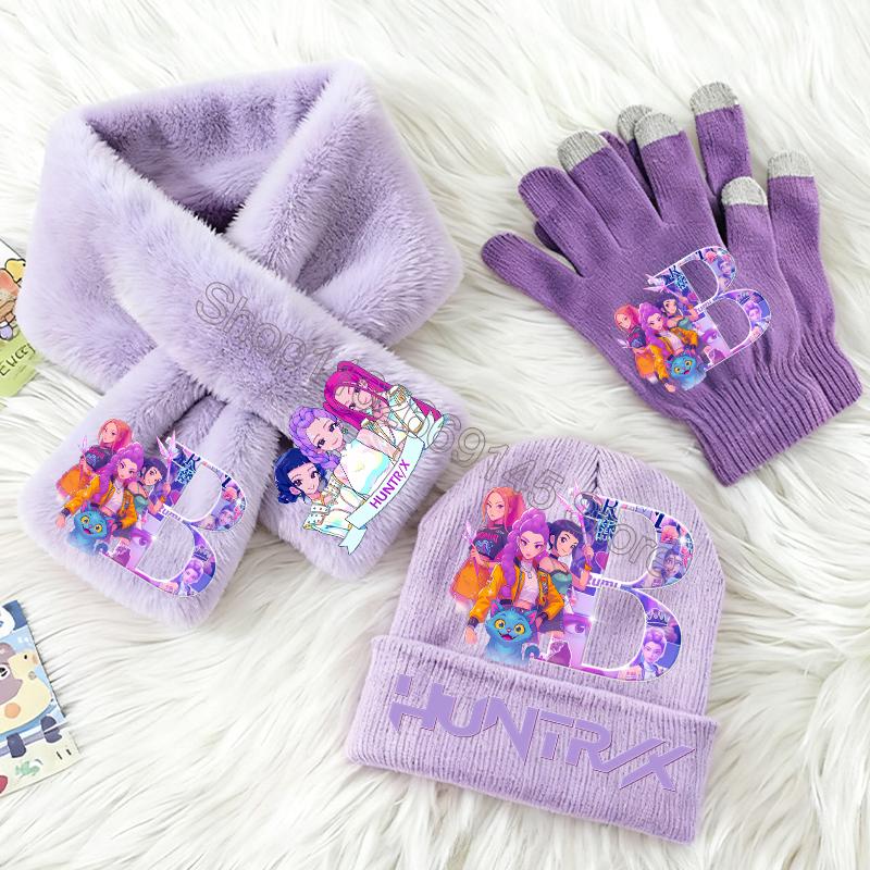 3-teiliges KPop Dämonenjäger Kinder Strickmütze Handschuhe Schal Set Niedliche Mädchen Winteraccessoires Strickmütze Schals Weihnachtsgeschenke