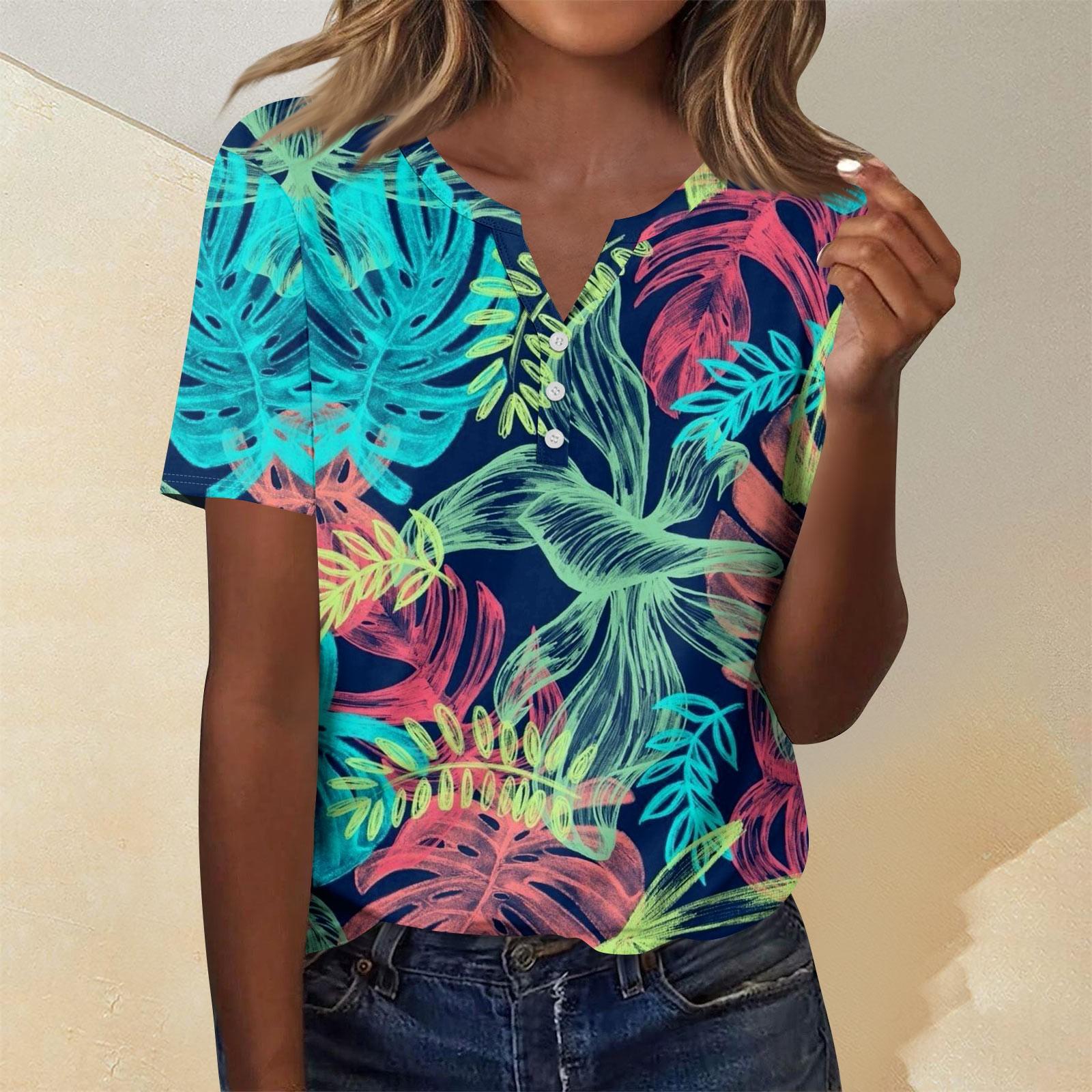 

Женская мода повседневный короткий рукав цветочный принт топ M синий