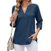 Leisure Europe America Spring Summer New Women's Loose V-Neck Solid Color 3/4 Sleeve Button Down T-shirt Top for Leisure