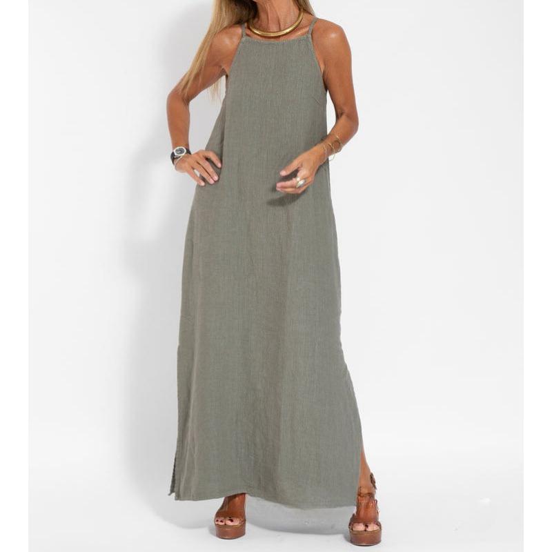 Fashionable and Casual Cotton and Linen Split Suspender Dress