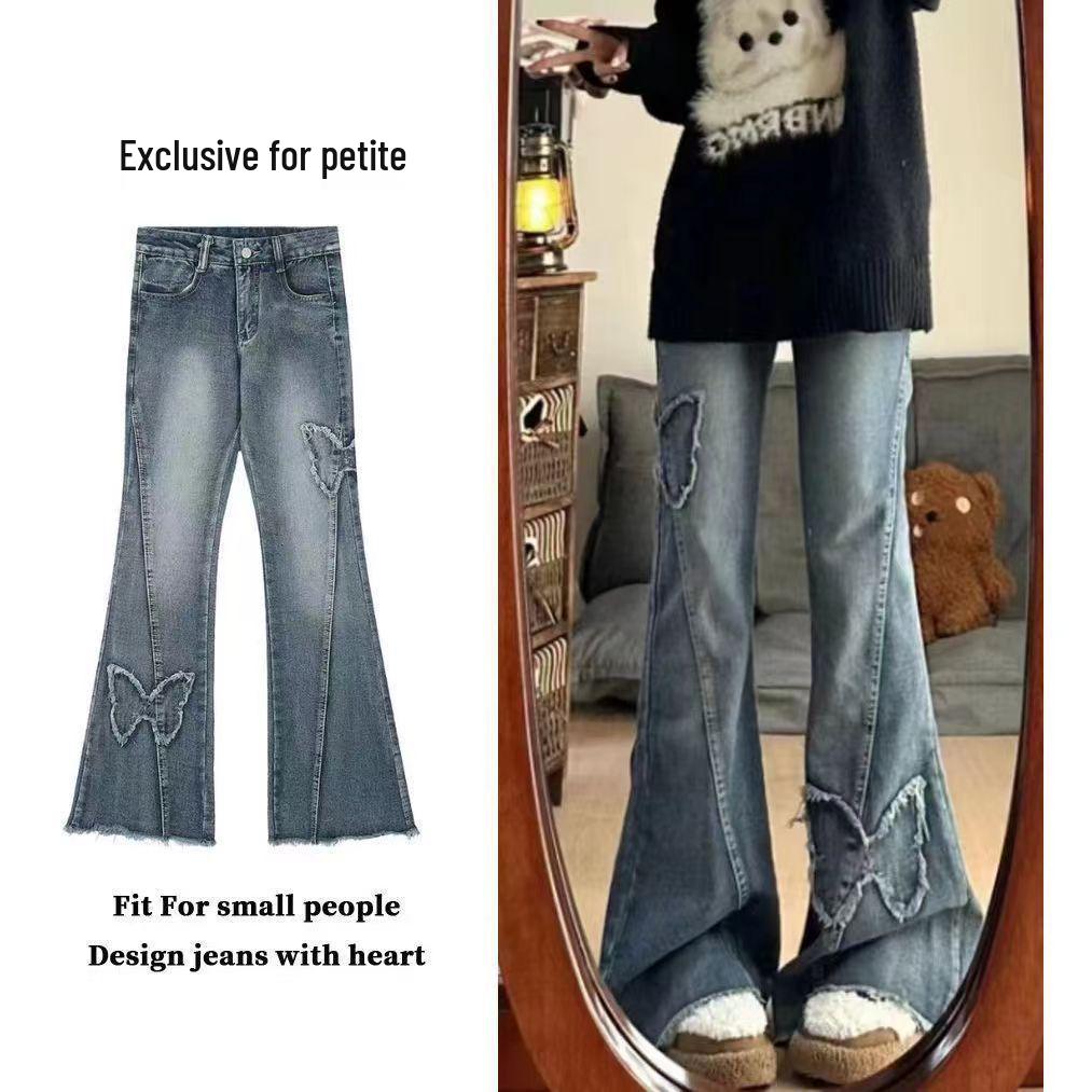 Petite Women's Butterfly Embroidered Micro-Flare Jeans for Spring/Autumn, Plus Size Available