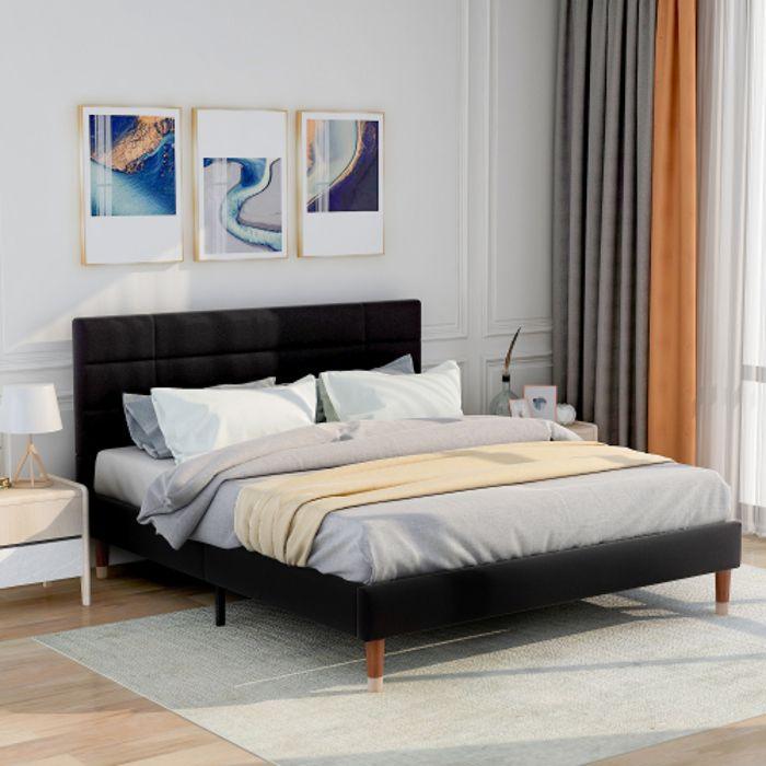 Lit double capitonné - MUVOE - 140x200cm - Lin noir - Matelas inclus - Design classique