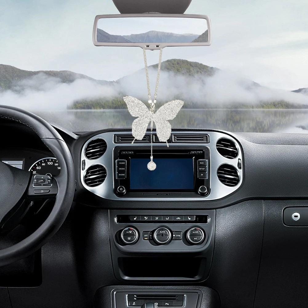 Crystal Butterfly Lucky Hanging Car Interior Pendant Rear View Mirror Charms for Women Ornamental Accessory for Vehicle Interior